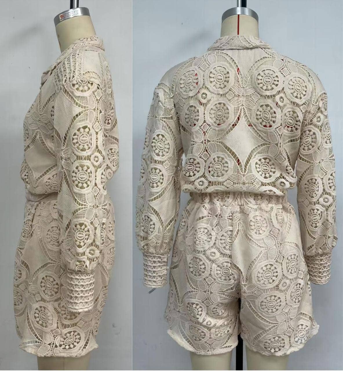 Boho long-sleeves hollow-out blouse shorts 2-piece set