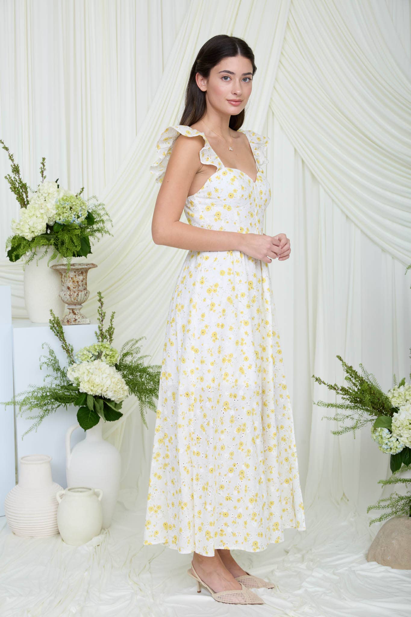 FLORAL EYELET PATTERN FRONT SLIT CORSET MIDI DRESS