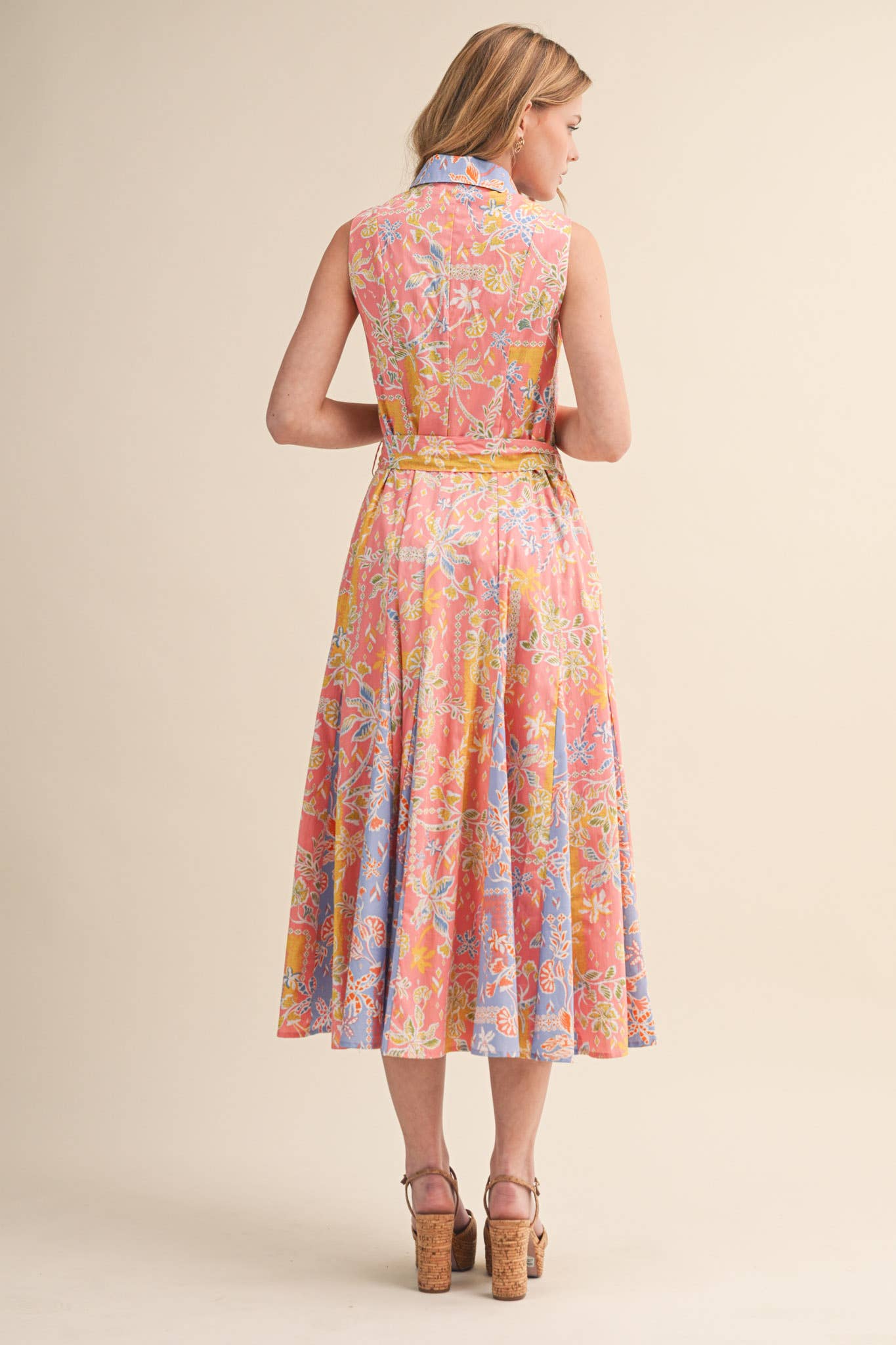 MIXED FLORAL PRINT BELTED BUTTON DOWN MIDI DRESS MDR4733