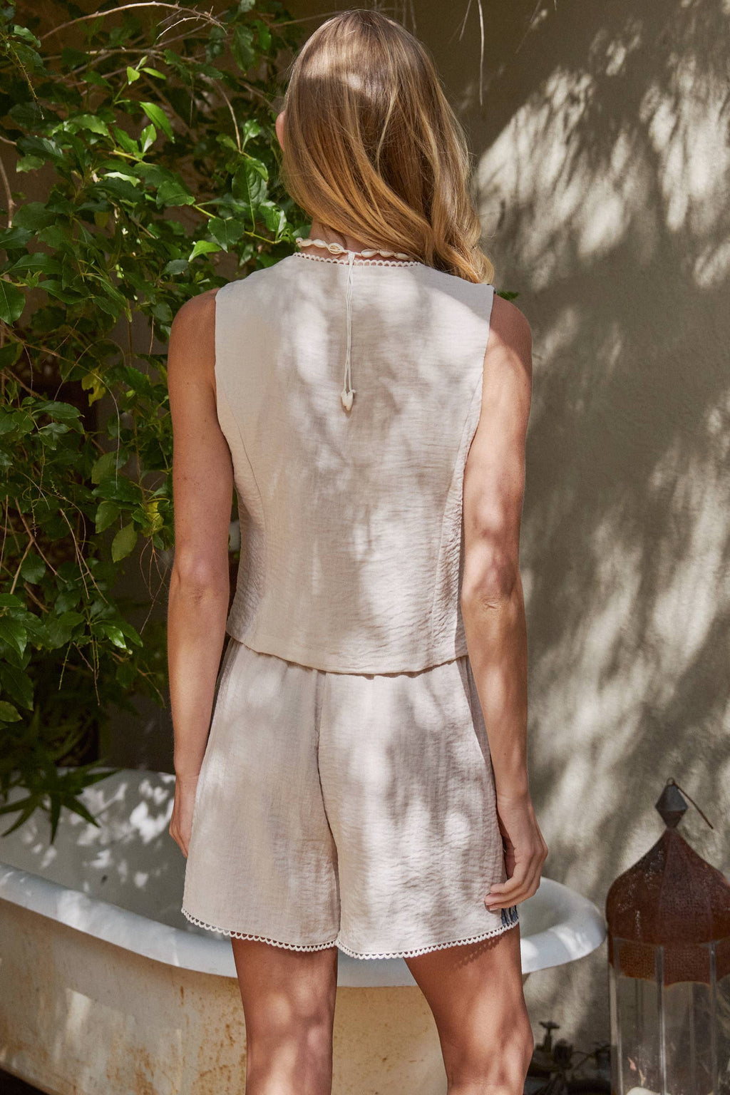 Blue Embroidered Linen Blend Button Front Vest