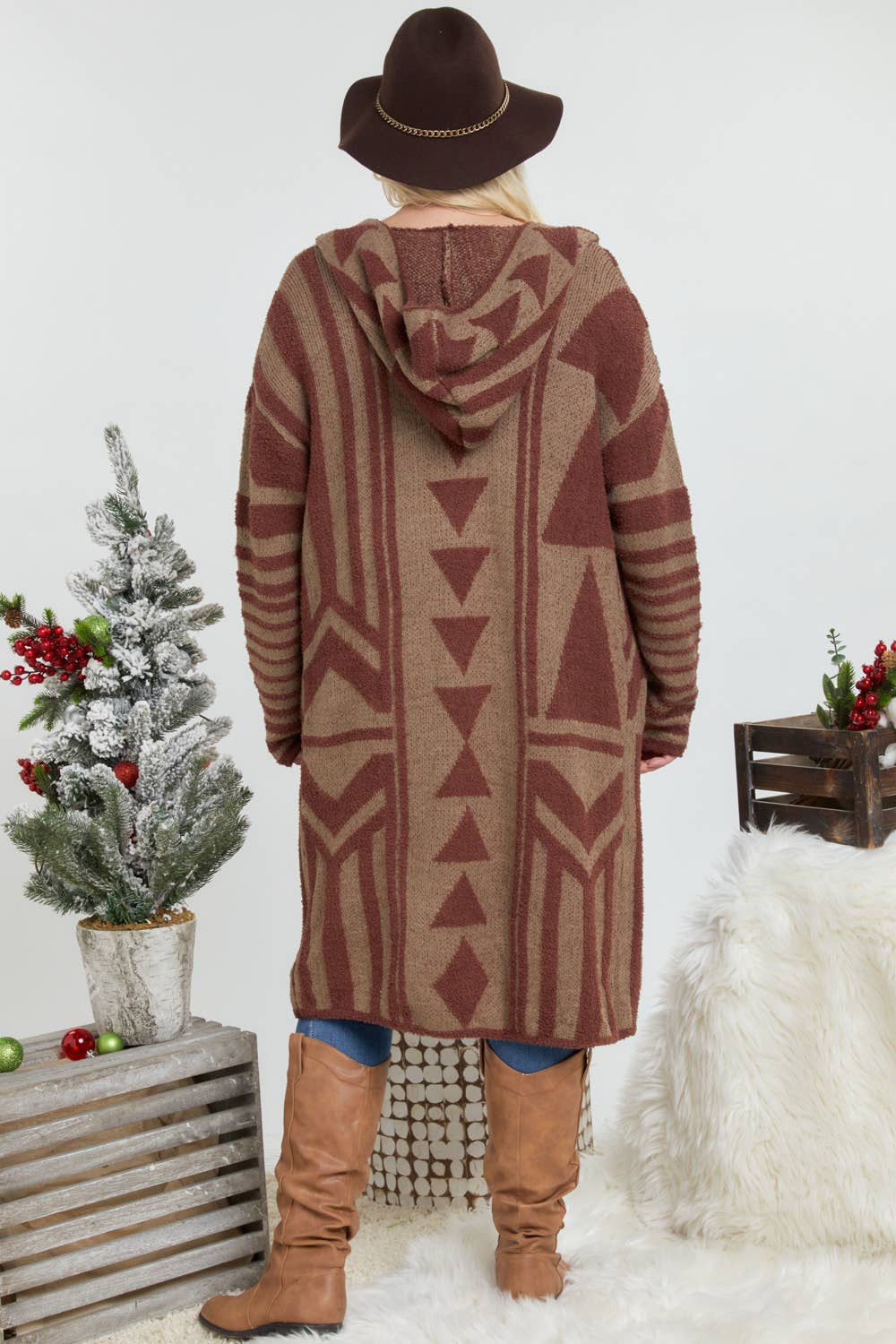 Plus - Aztec Pattern Knit Longline Hooded Cardigan