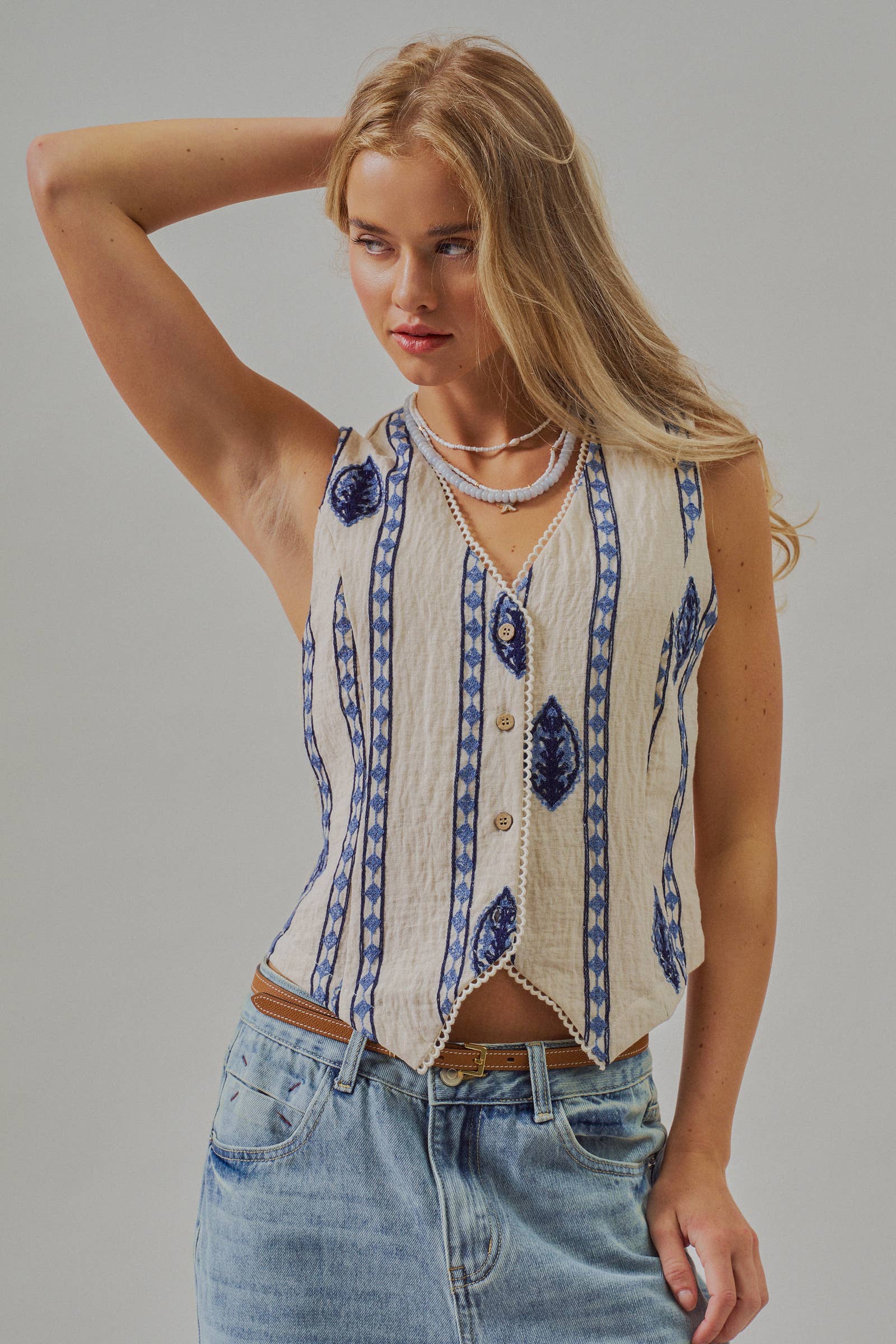Blue Embroidered Linen Blend Button Front Vest