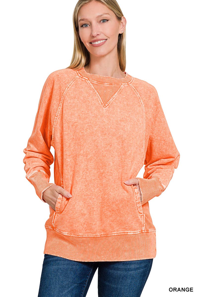 Halo Washed French Terry Raglan Sleeve Pullover W/ Pockets - Zenana
