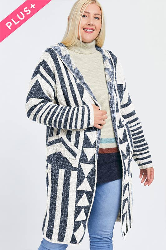 Plus - Aztec Pattern Knit Longline Hooded Cardigan