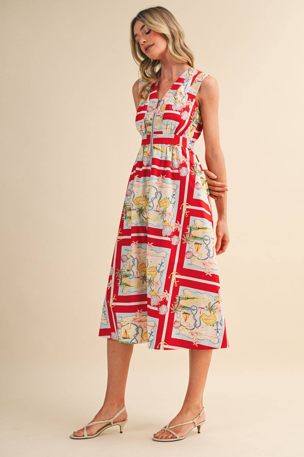EXCLUSIVE NAUTICAL MAP PRT ZIPPER FRONT MIDI DRESS MDR5194