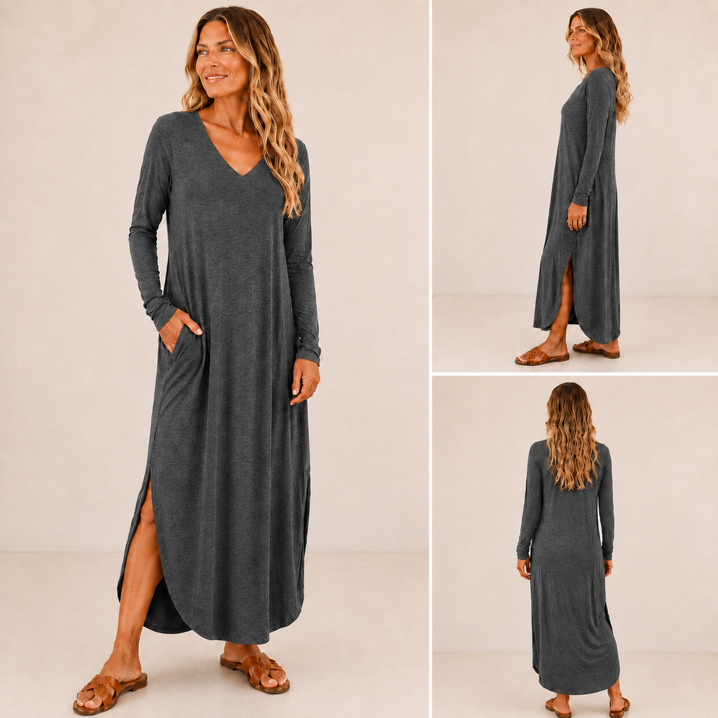Long Sleeve V Neck Maxi Dress with Pockets, Side Slits