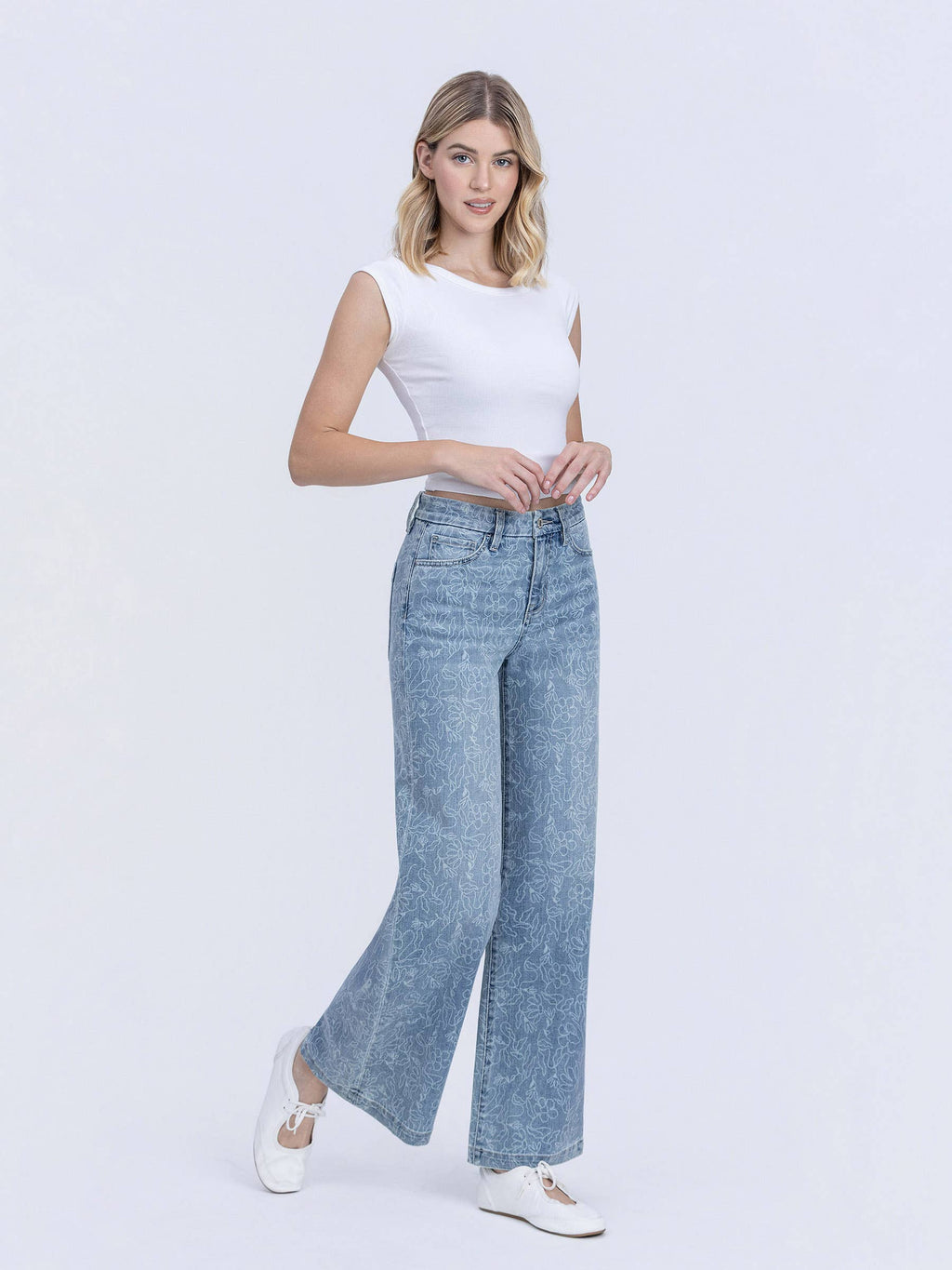 HIGH RISE MEDIUM LIGHT FLORAL PRINT WIDE LEG JEANS T7335FPR