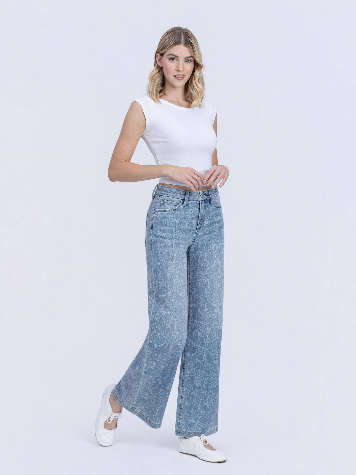 HIGH RISE MEDIUM LIGHT FLORAL PRINT WIDE LEG JEANS T7335FPR