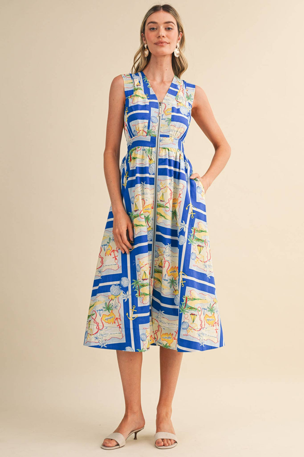 EXCLUSIVE NAUTICAL MAP PRT ZIPPER FRONT MIDI DRESS MDR5194