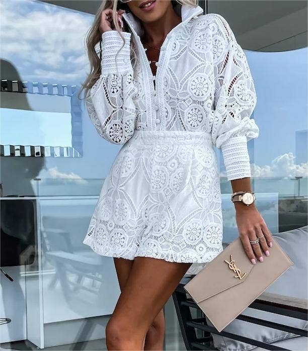 Boho long-sleeves hollow-out blouse shorts 2-piece set
