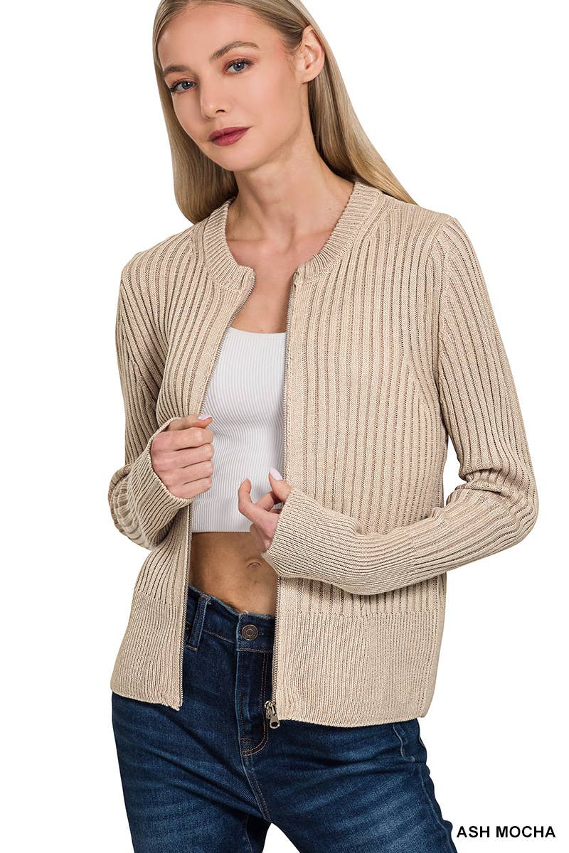 Two Tone Zip Up Sweater Cardigan - Zenana