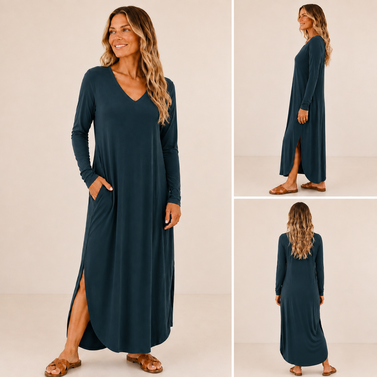 Long Sleeve V Neck Maxi Dress with Pockets, Side Slits