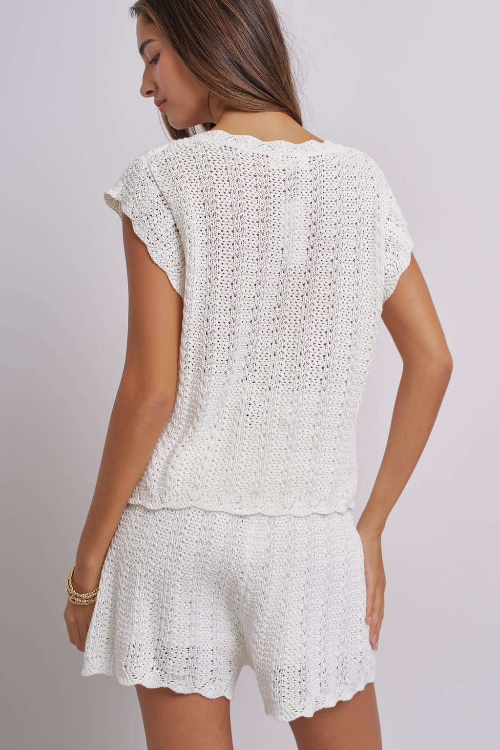 Geometric Embroidered Crochet Knit Top And Shorts Set