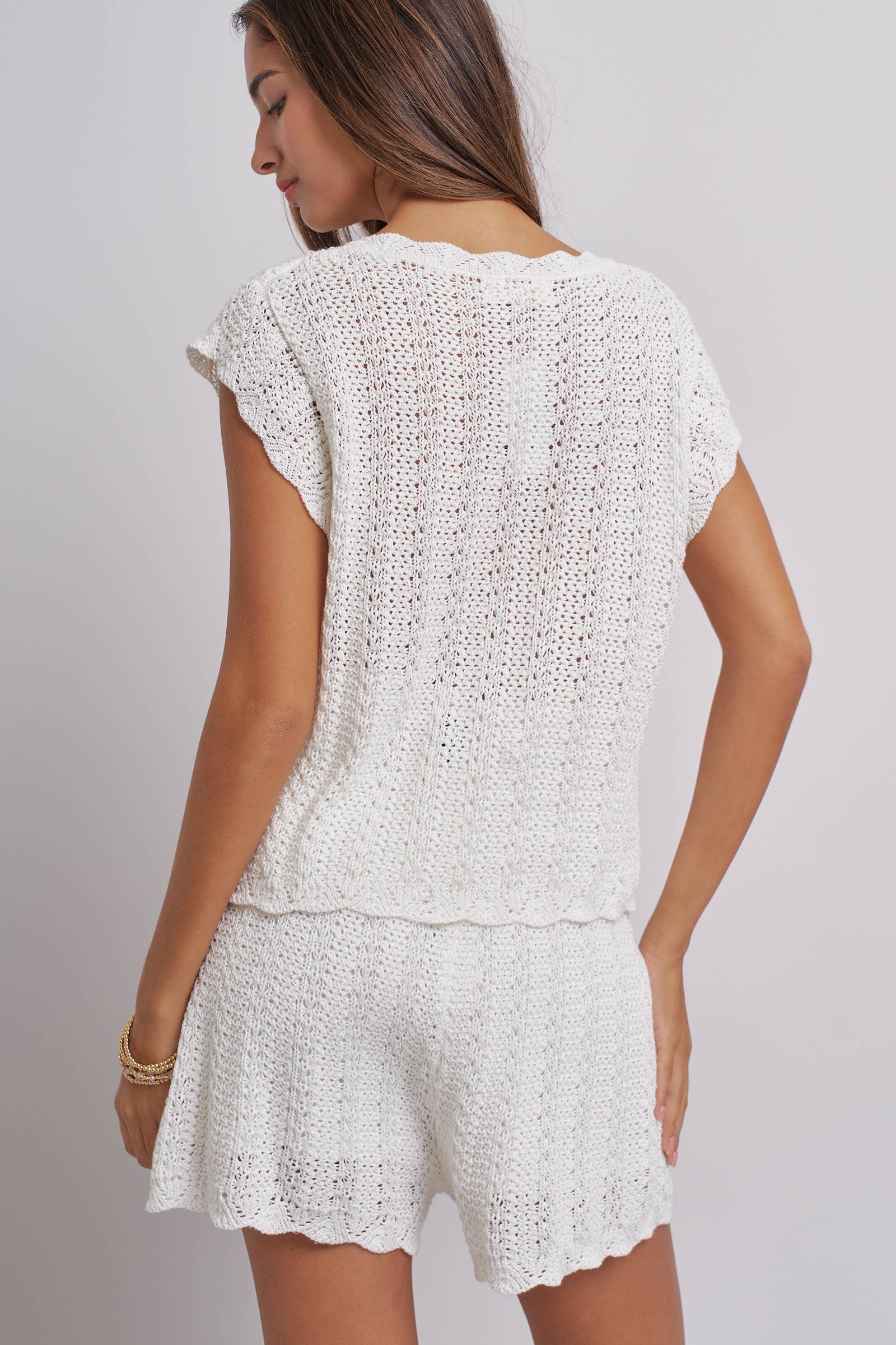 Geometric Embroidered Crochet Knit Top And Shorts Set