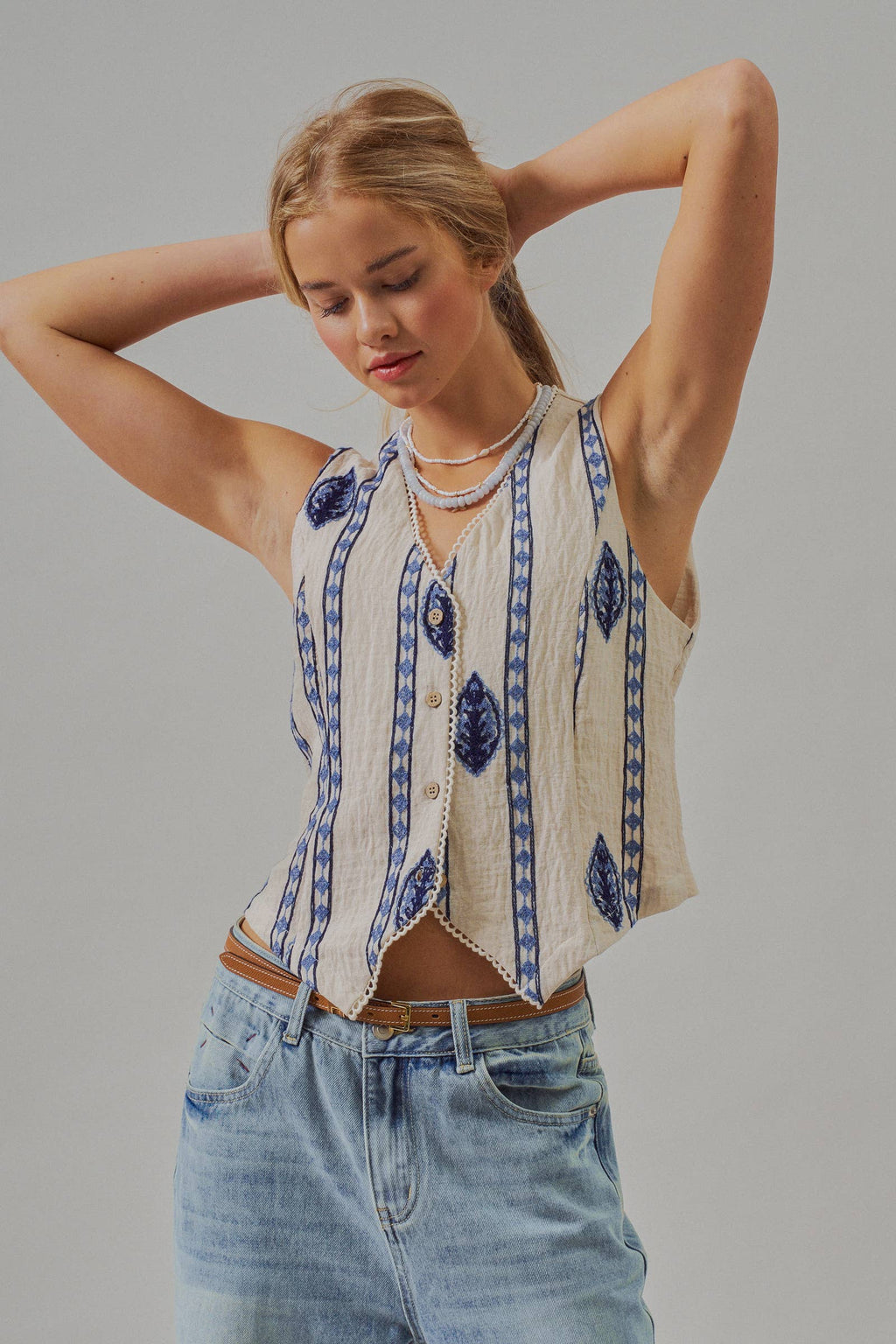 Blue Embroidered Linen Blend Button Front Vest