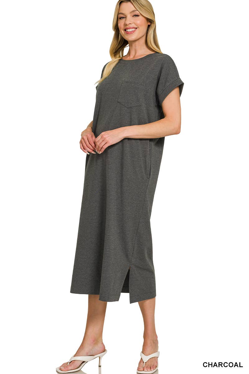 Round Neck Short Sleeve Midi Dress w/ Pockets - Zenana