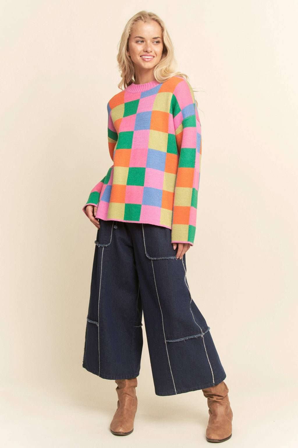 Multicolor Checkerboard Knit Pullover Sweater