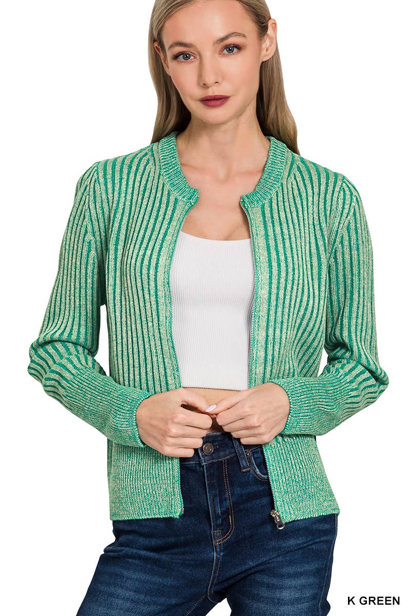 Two Tone Zip Up Sweater Cardigan - Zenana