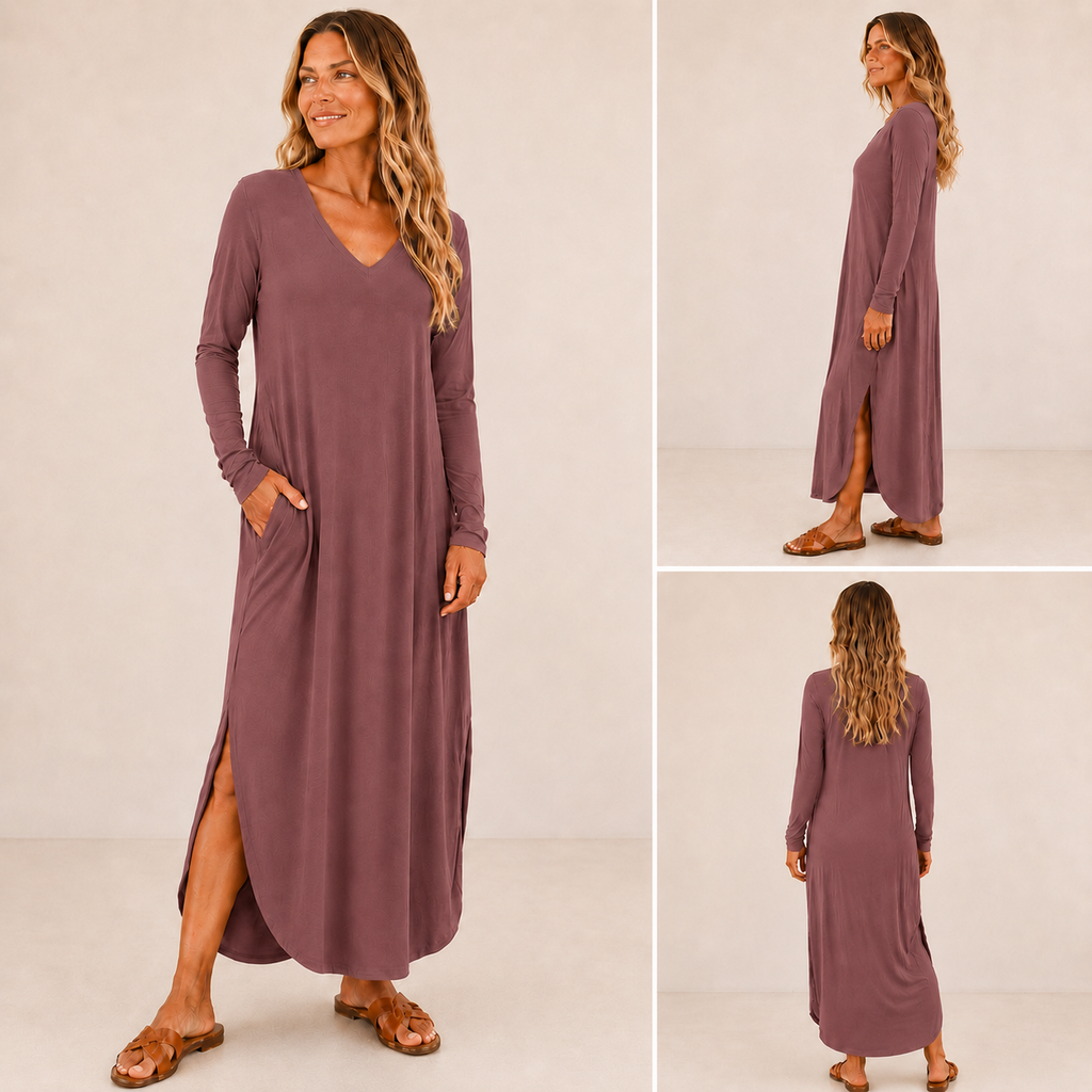 Long Sleeve V Neck Maxi Dress with Pockets, Side Slits