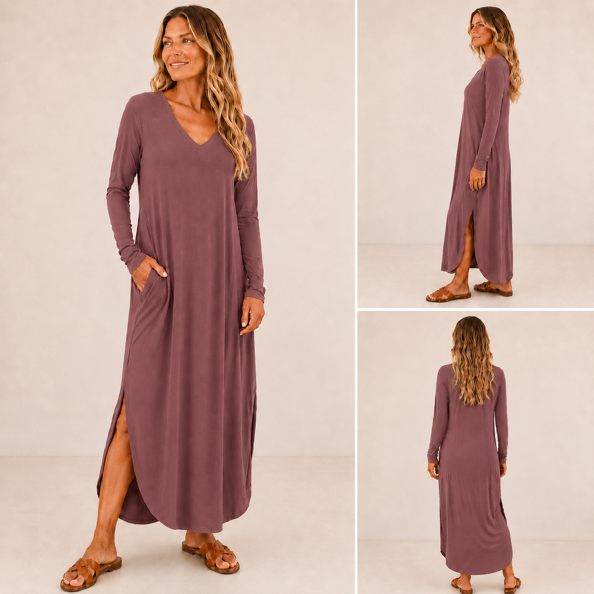 Long Sleeve V Neck Maxi Dress with Pockets, Side Slits