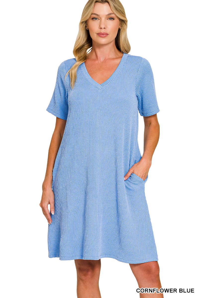 Raised Rib V Neck  A Line Dress With Side Pockets