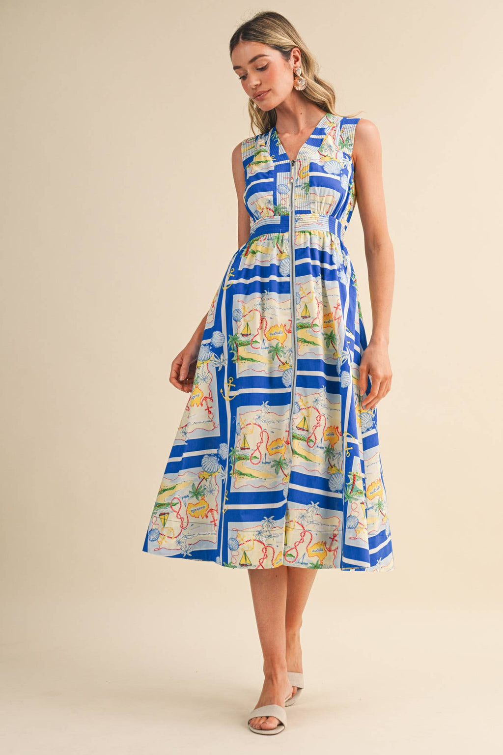 EXCLUSIVE NAUTICAL MAP PRT ZIPPER FRONT MIDI DRESS MDR5194