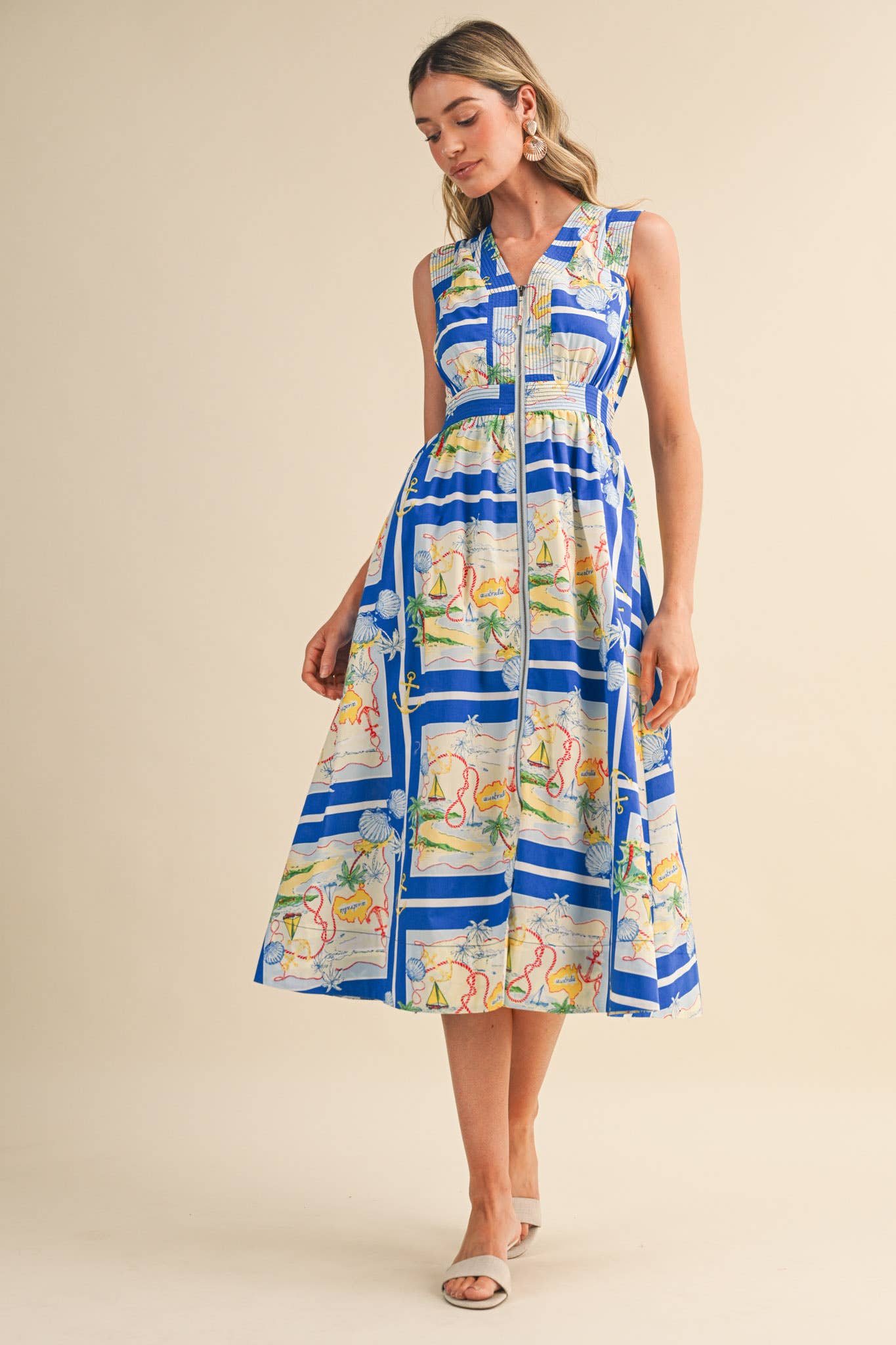 EXCLUSIVE NAUTICAL MAP PRT ZIPPER FRONT MIDI DRESS MDR5194