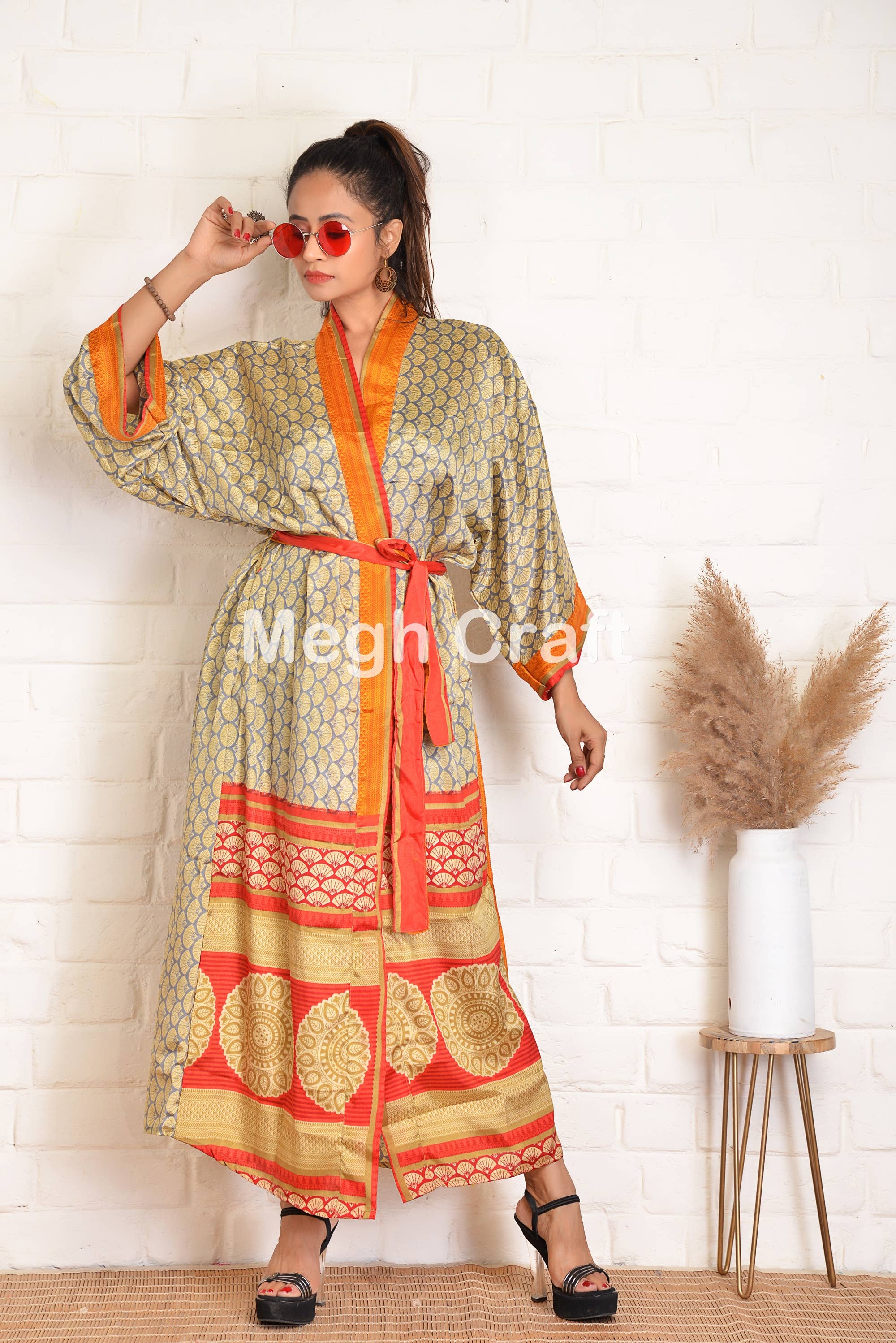 Upcycled Silk Kimono Robe, Body coverup FREE SIZE
