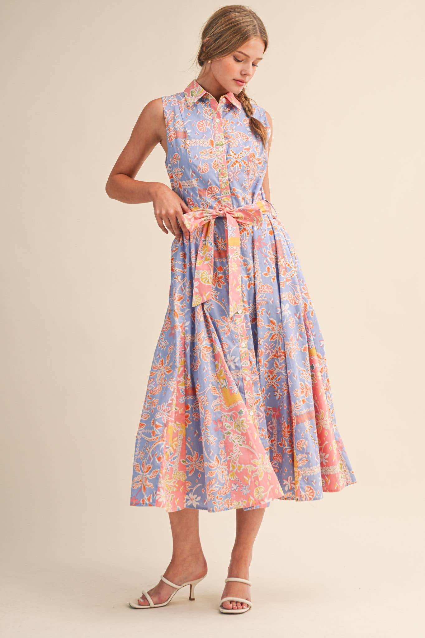 MIXED FLORAL PRINT BELTED BUTTON DOWN MIDI DRESS MDR4733