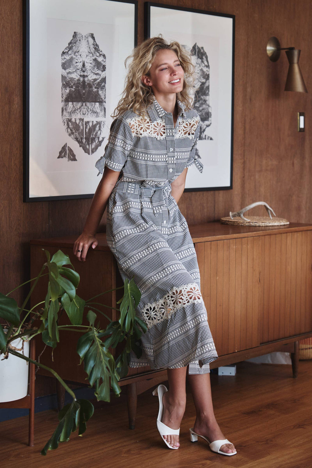 Gingham Cotton Shirt Dress Eyelet Embroidery