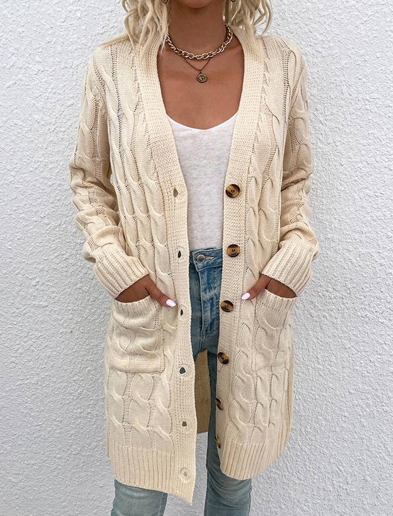 Cable Knit Longline Button-Up Cardigan