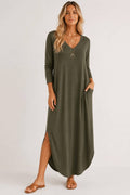 Long Sleeve V Neck Maxi Dress with Pockets, Side Slits
