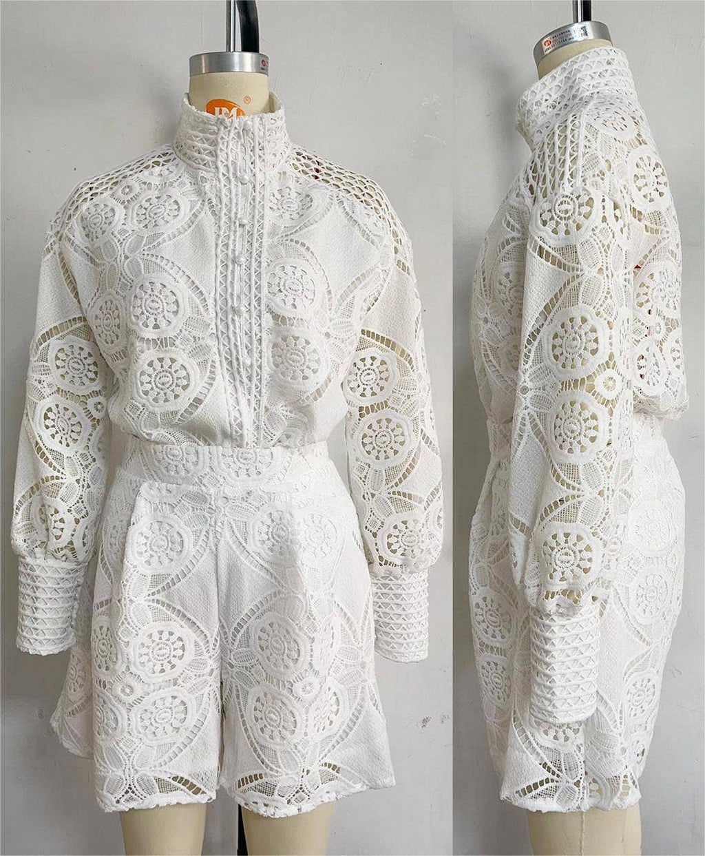 Boho long-sleeves hollow-out blouse shorts 2-piece set