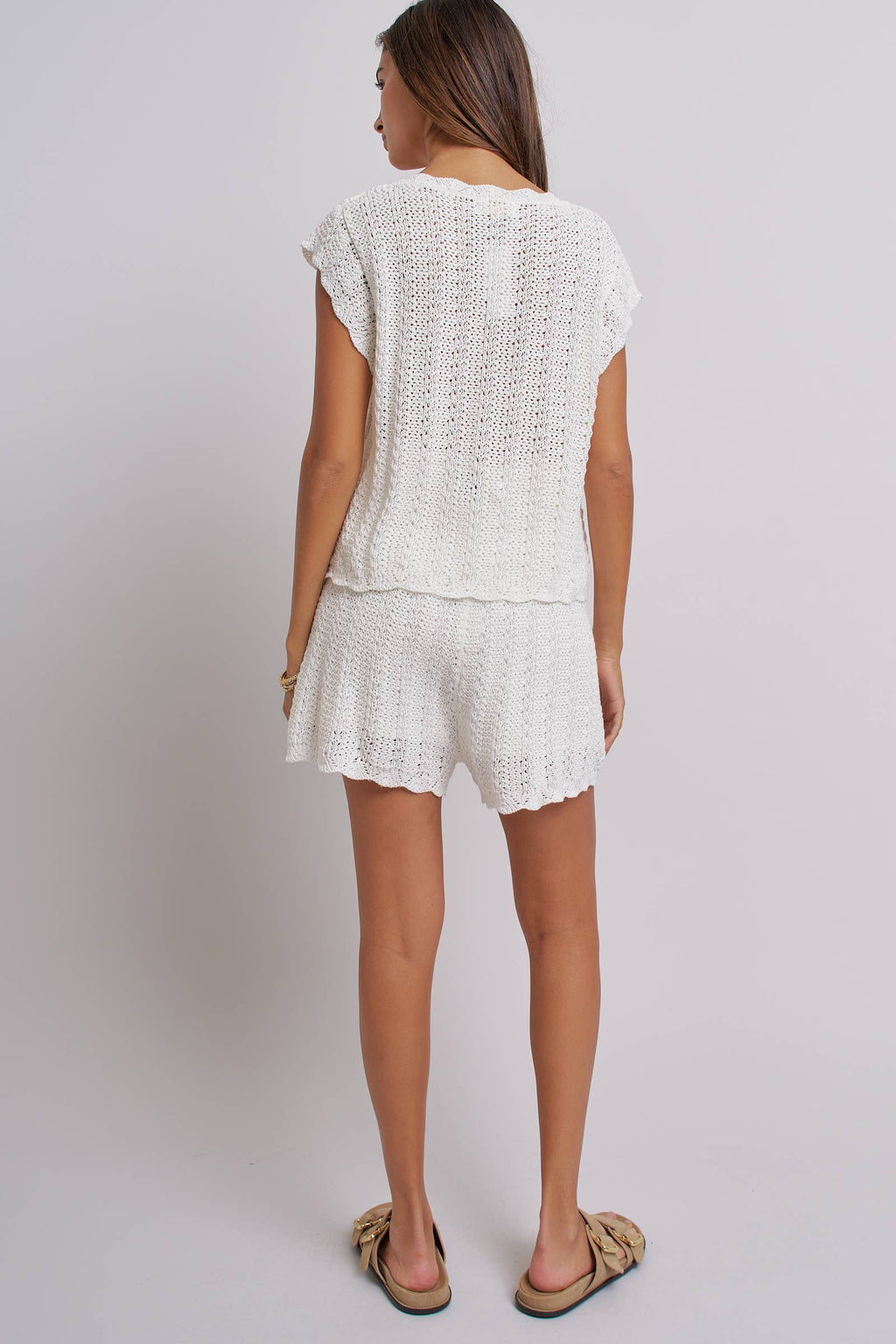 Geometric Embroidered Crochet Knit Top And Shorts Set