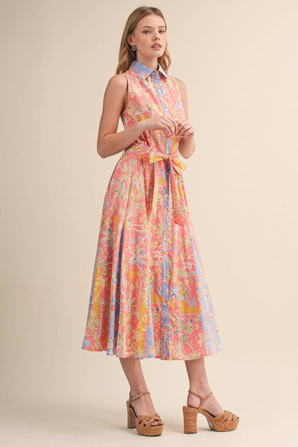 MIXED FLORAL PRINT BELTED BUTTON DOWN MIDI DRESS MDR4733