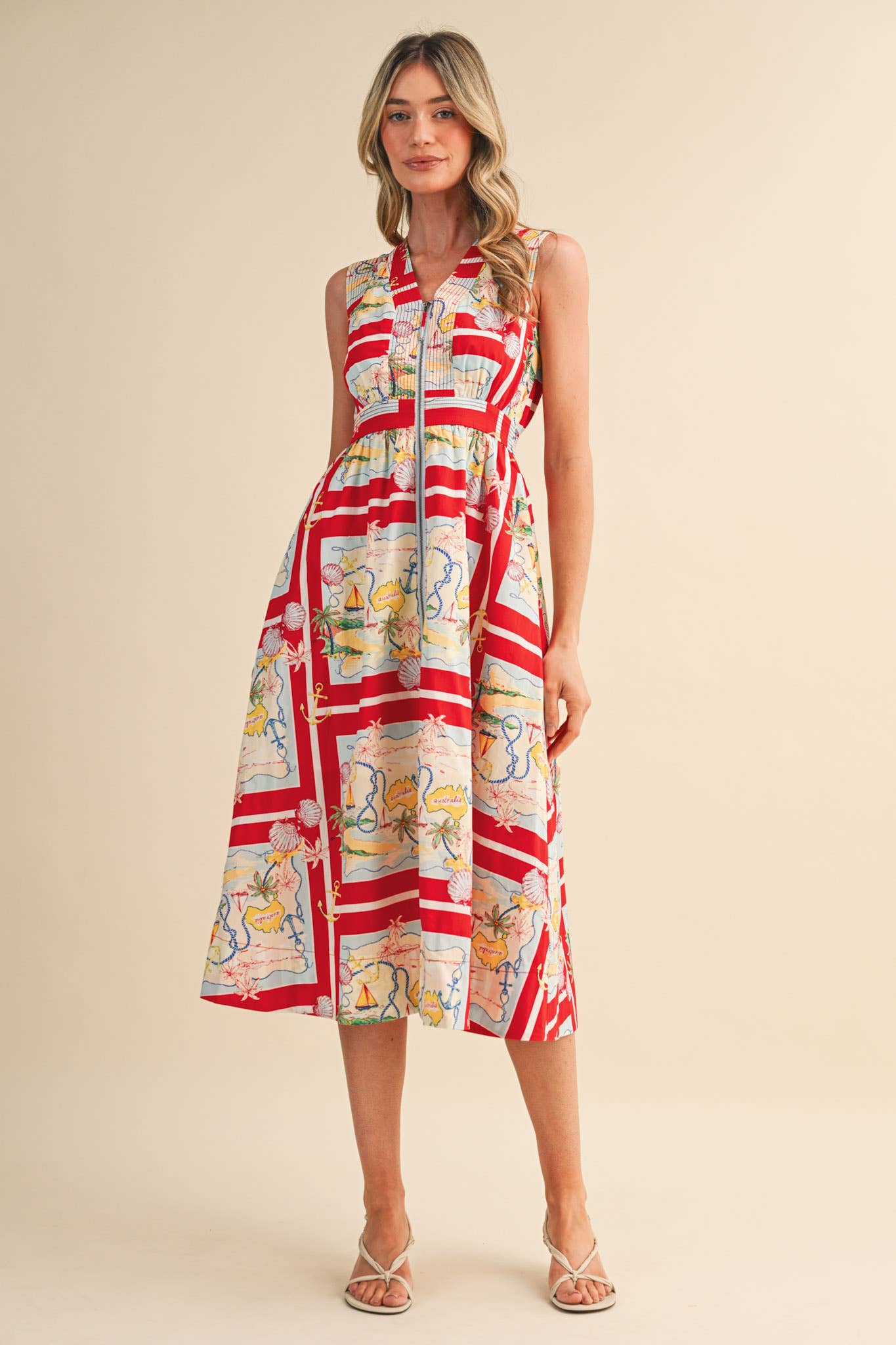 EXCLUSIVE NAUTICAL MAP PRT ZIPPER FRONT MIDI DRESS MDR5194