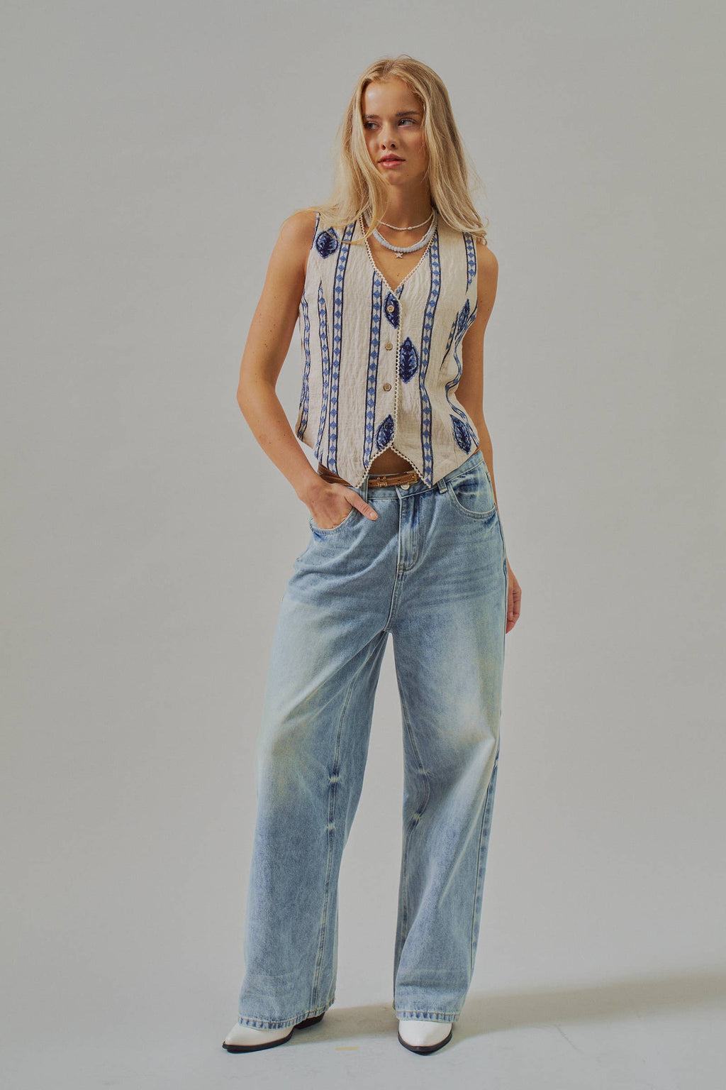 Blue Embroidered Linen Blend Button Front Vest