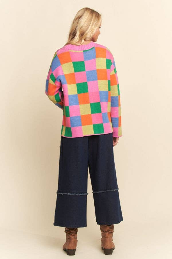 Multicolor Checkerboard Knit Pullover Sweater