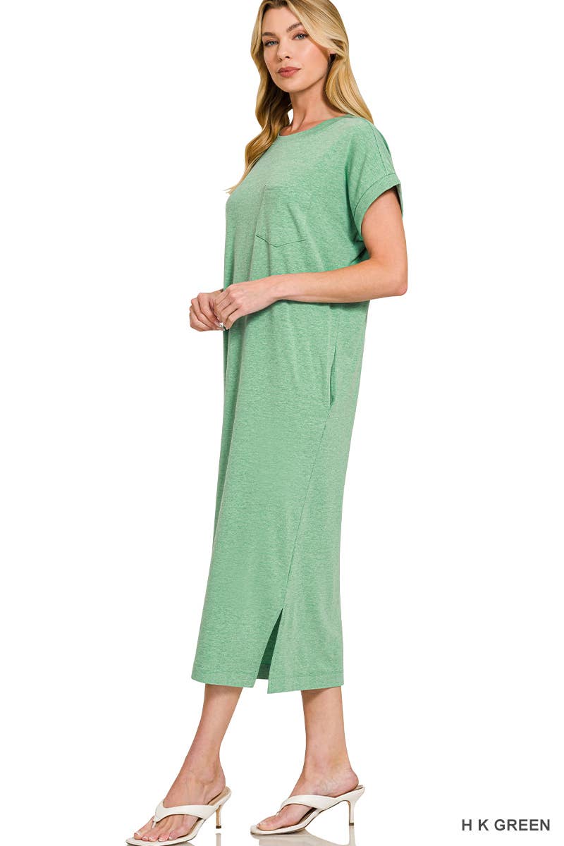 Round Neck Short Sleeve Midi Dress w/ Pockets - Zenana