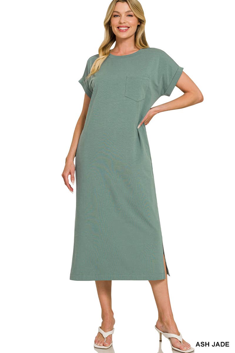 Round Neck Short Sleeve Midi Dress w/ Pockets - Zenana