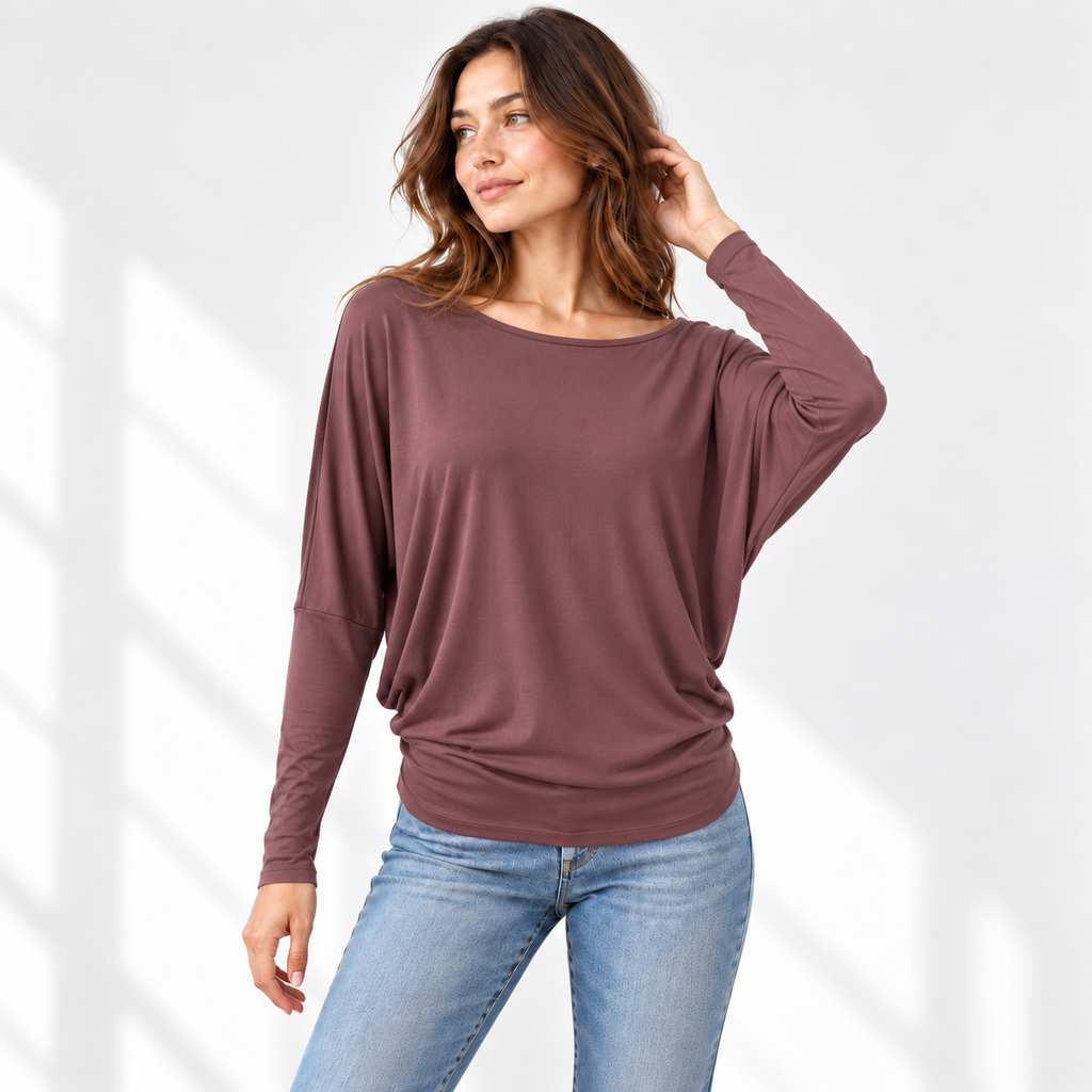 Relaxed Dolman Sleeve Top with Curved Back Hem
