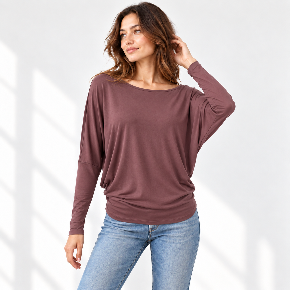 Relaxed Dolman Sleeve Top with Curved Back Hem