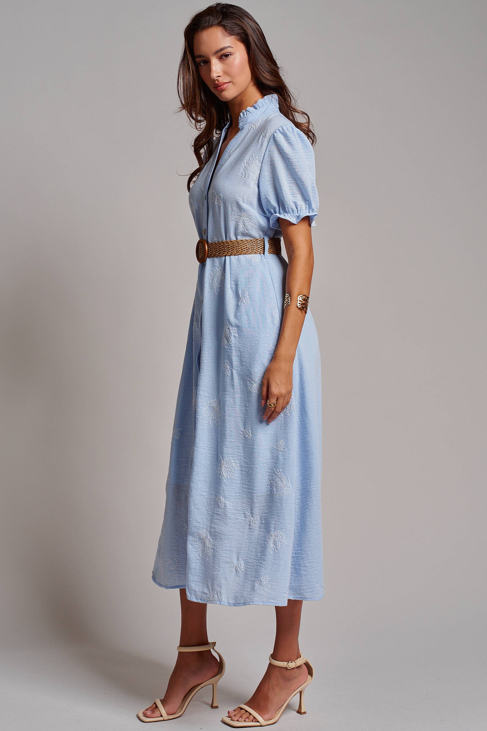 Embroidered Linen Blend Button Front Midi Dress