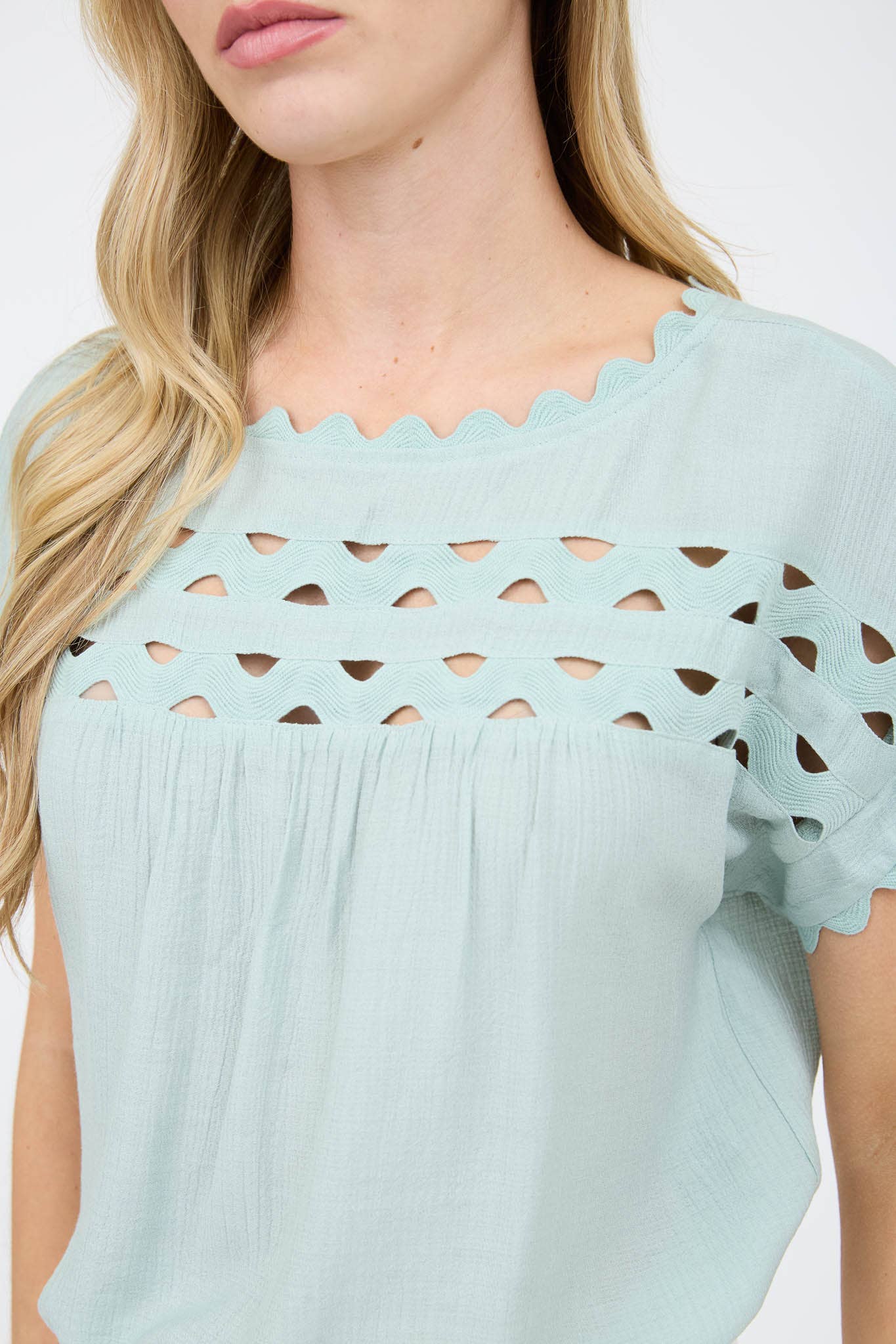 SCALLOP TRIM CUT-OUT SHORT SLEEVE BLOUSE