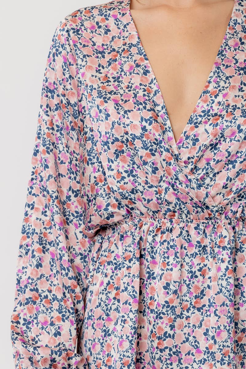 Long Sleeve V-Neck Satin Floral Mini Dress