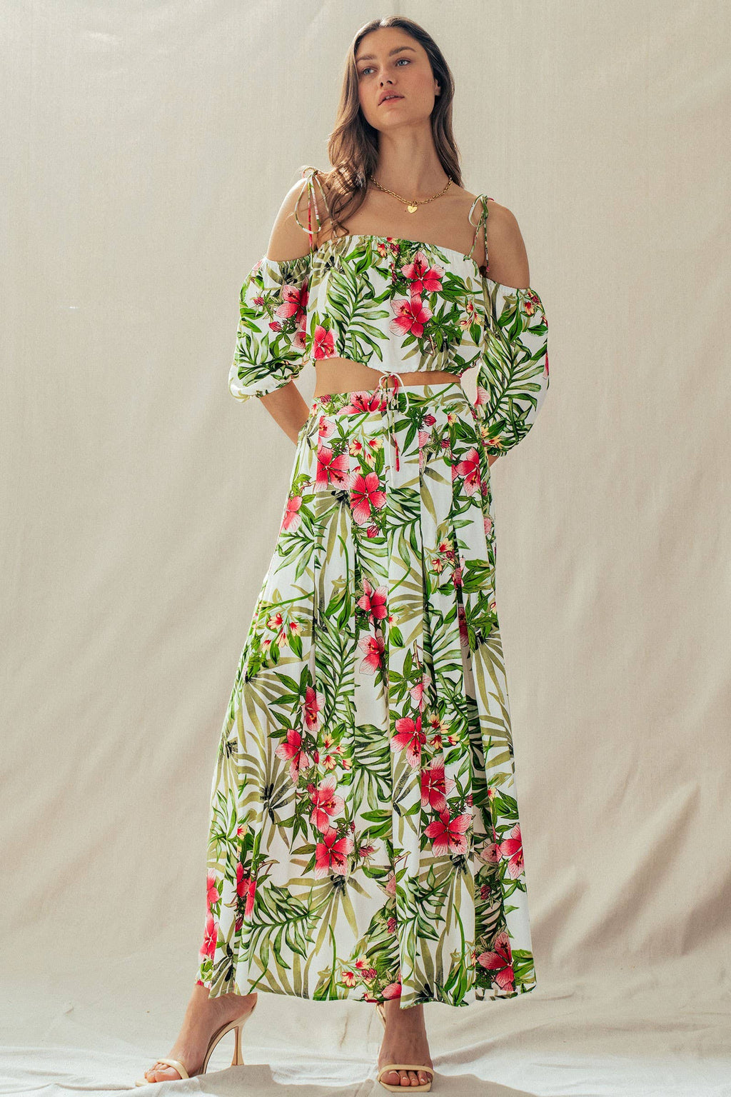 Off Shoulder Crop Top with Floral Maxi Skirt