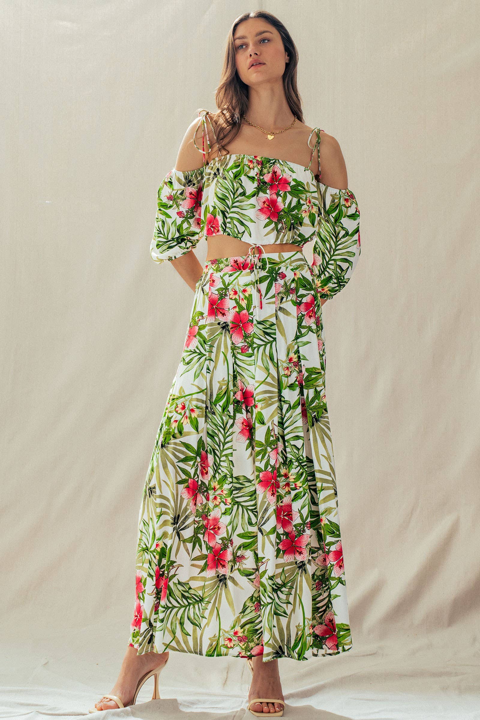 Off Shoulder Crop Top with Floral Maxi Skirt