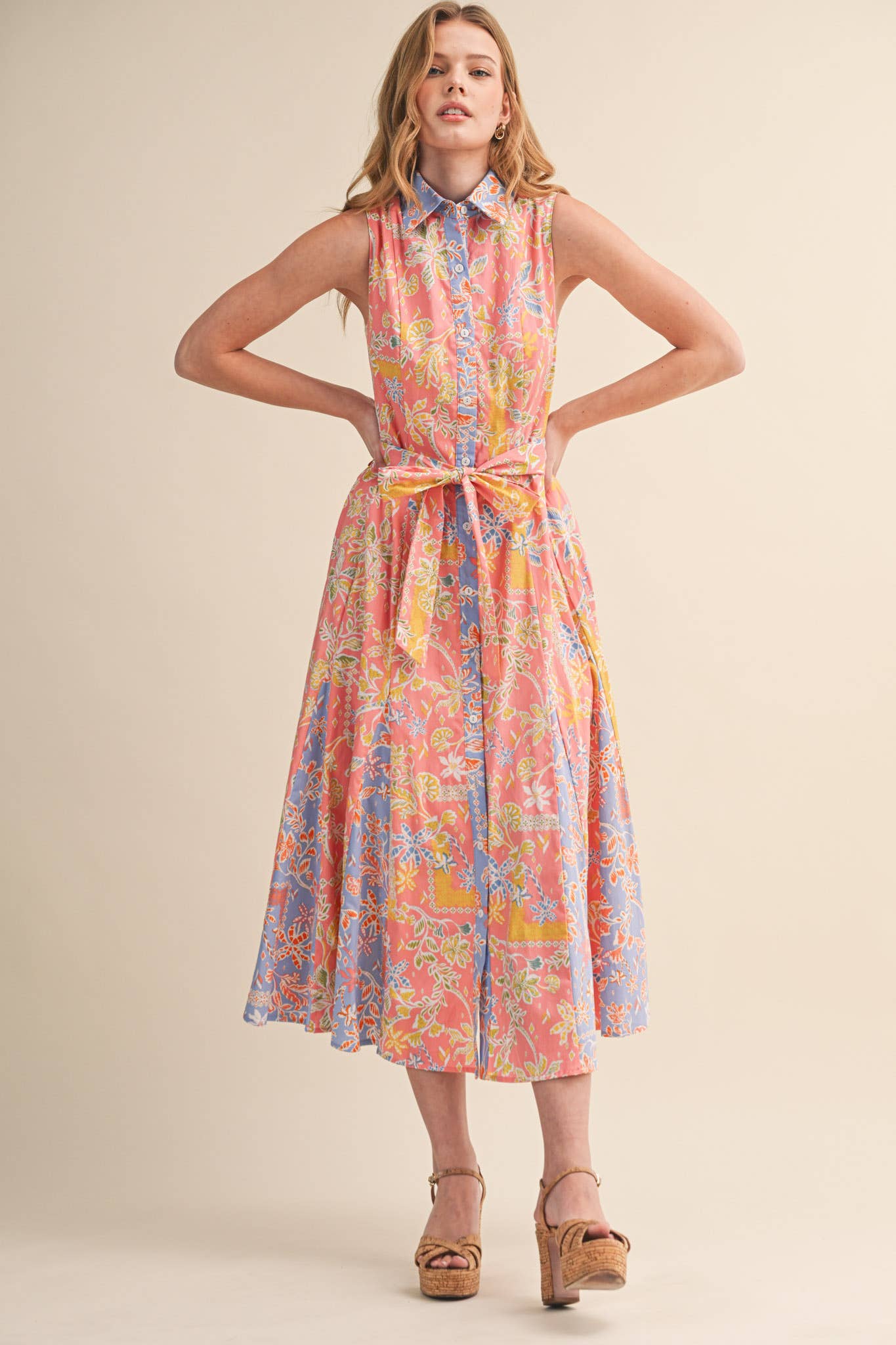 MIXED FLORAL PRINT BELTED BUTTON DOWN MIDI DRESS MDR4733