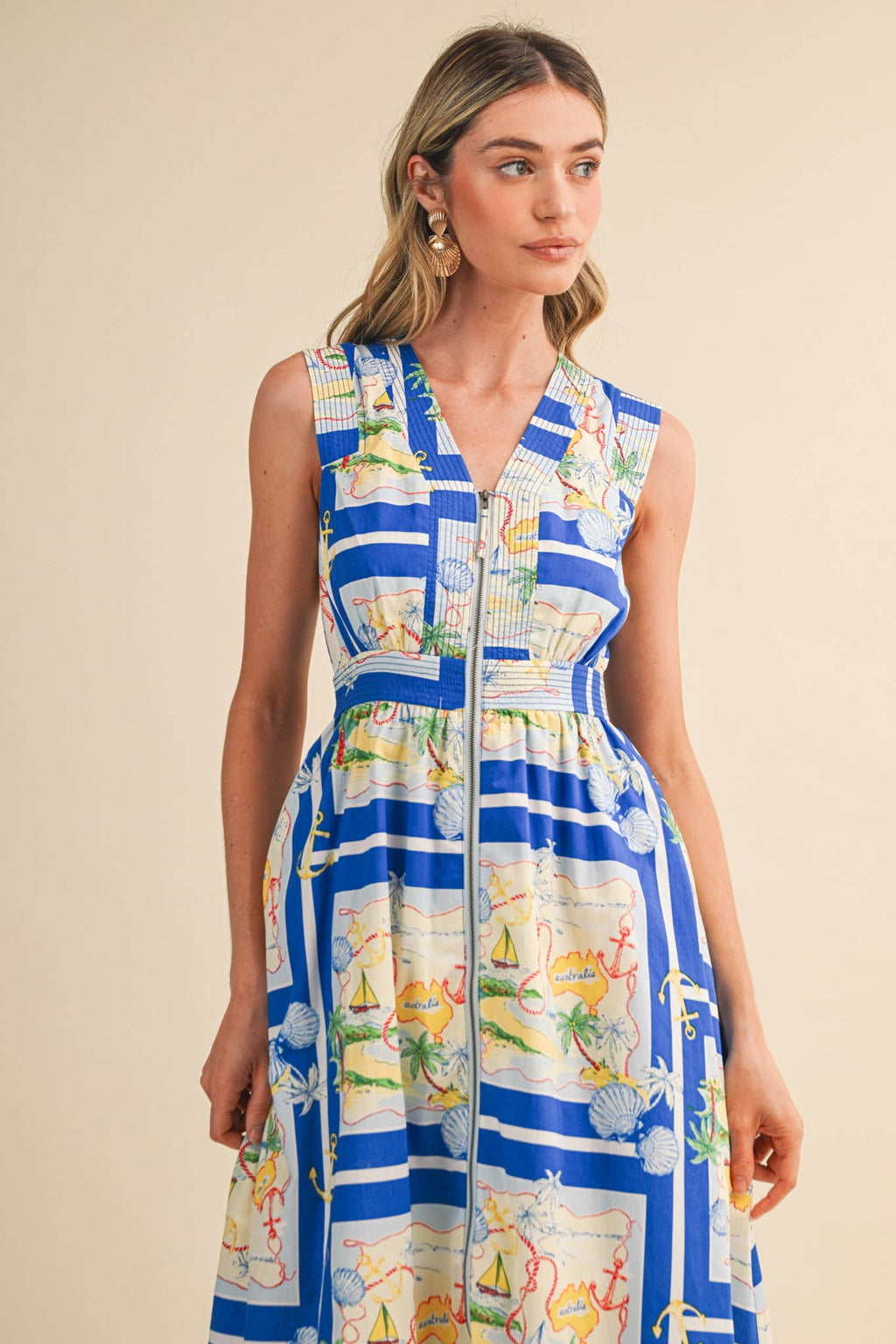EXCLUSIVE NAUTICAL MAP PRT ZIPPER FRONT MIDI DRESS MDR5194