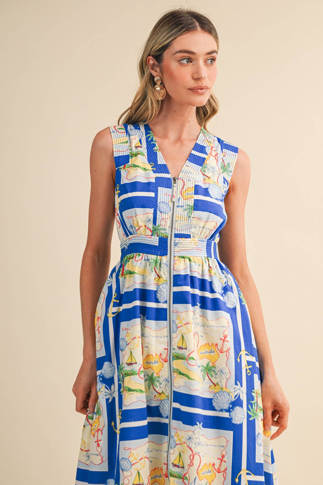 EXCLUSIVE NAUTICAL MAP PRT ZIPPER FRONT MIDI DRESS MDR5194